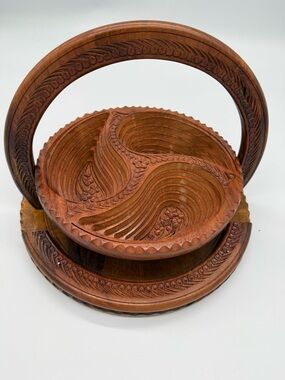 Vtg Enoch USA handmade carved wood folding basket paisley floral accordion handl